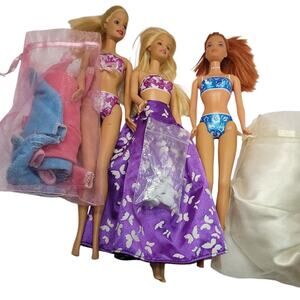 Trio of 2001 Palm Beach Barbies W/Swim Suits, PJ's, Shoes & Wedding Dresses